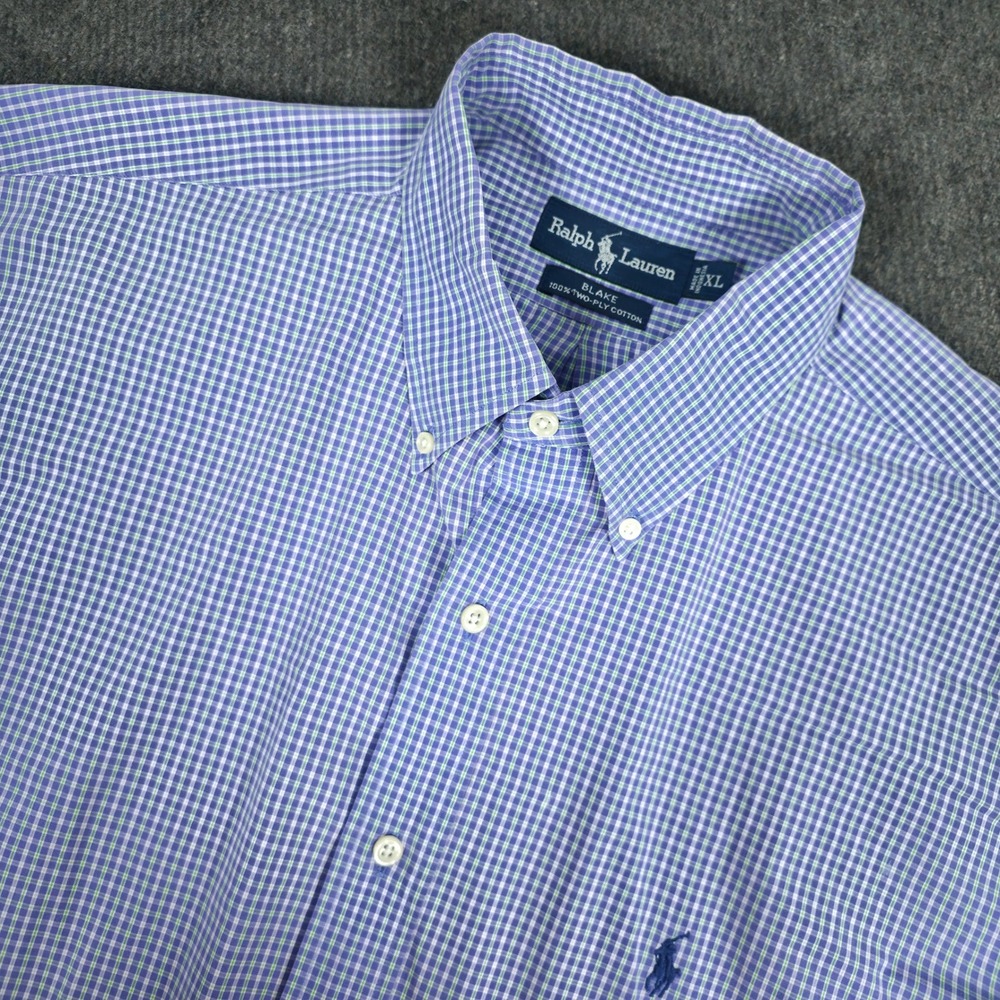 Ralph Lauren Long Sleeve Button Down Mens XL‎ Blue Blake Micro Check Cotton VTG